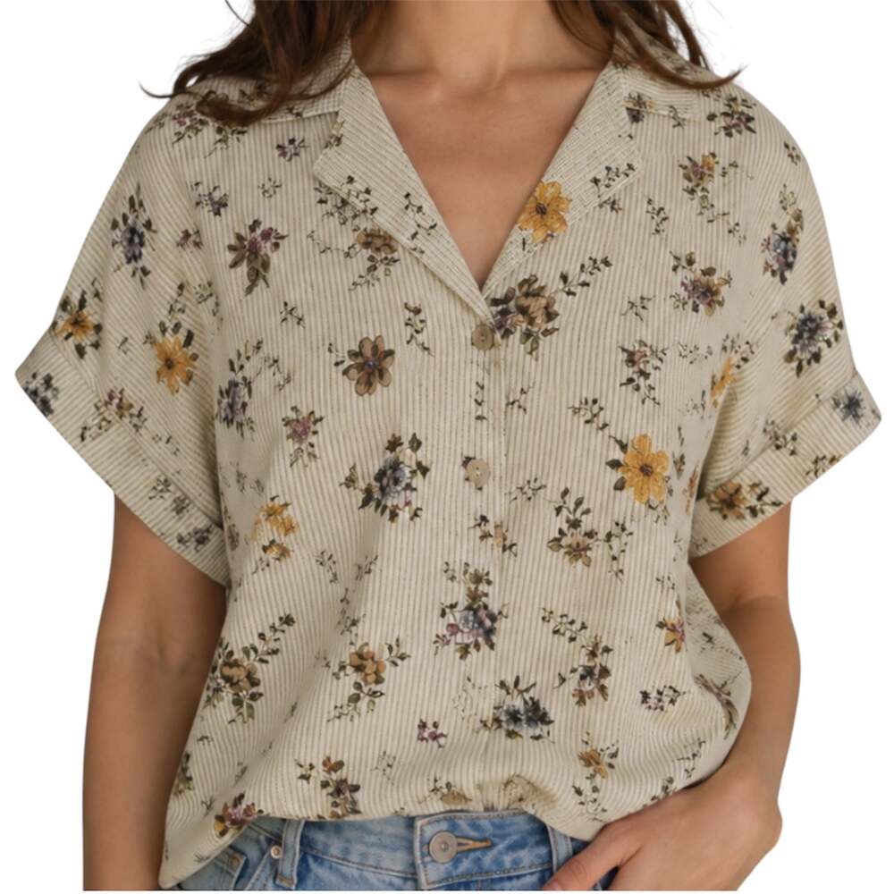 Vintage Button Down Shirt Short Sleeve Collared Cotton Striped Floral Yellow S
